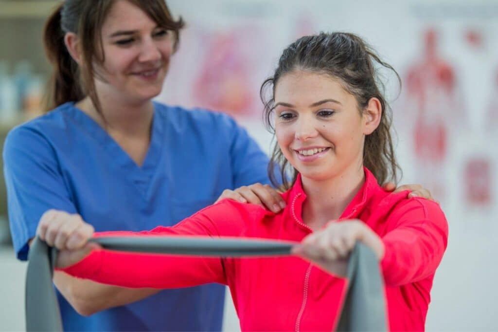 a woman with a band on her shoulder