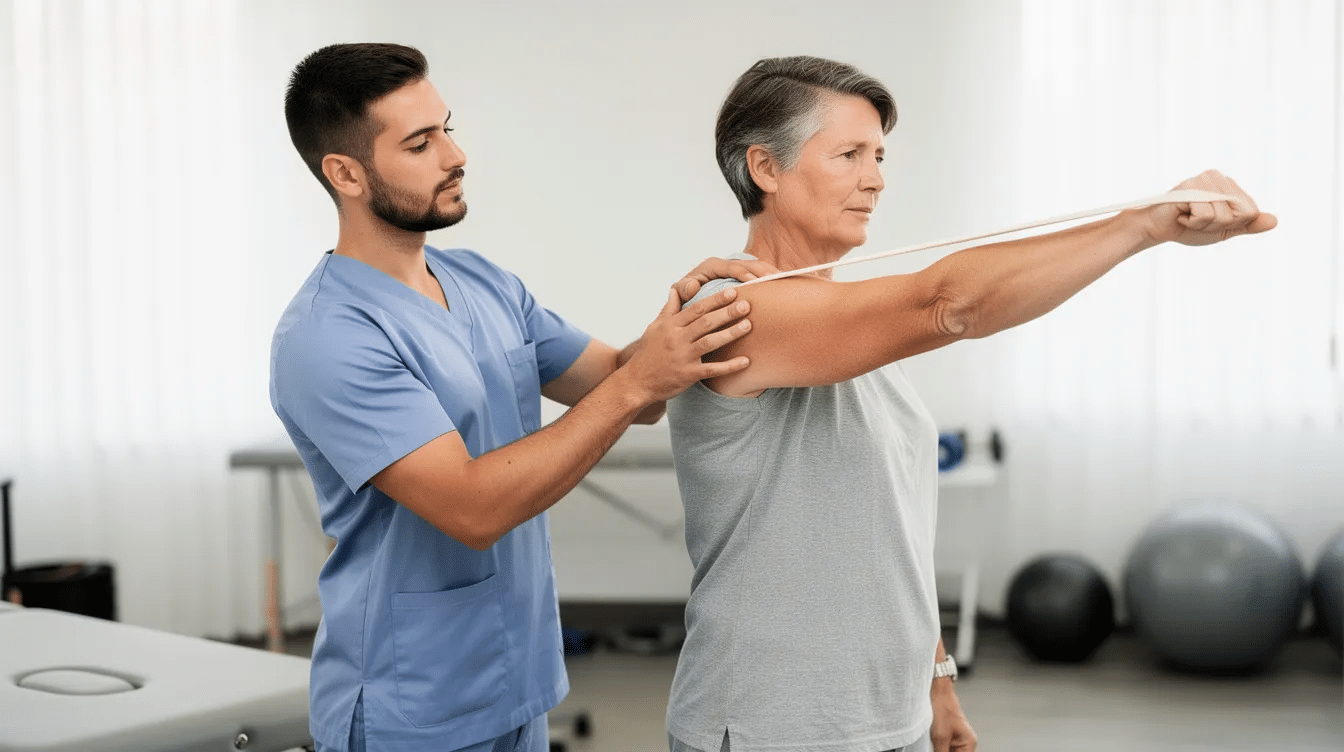 A physiotherapist is demonstrating a shoulder mobility exercise to a patient, focusing on enhancing muscle balance and improving blood flow, which are important aspects of managing thoracic outlet syndrome. This personalized treatment plan aims to alleviate symptoms and support recovery through targeted manual therapy techniques.