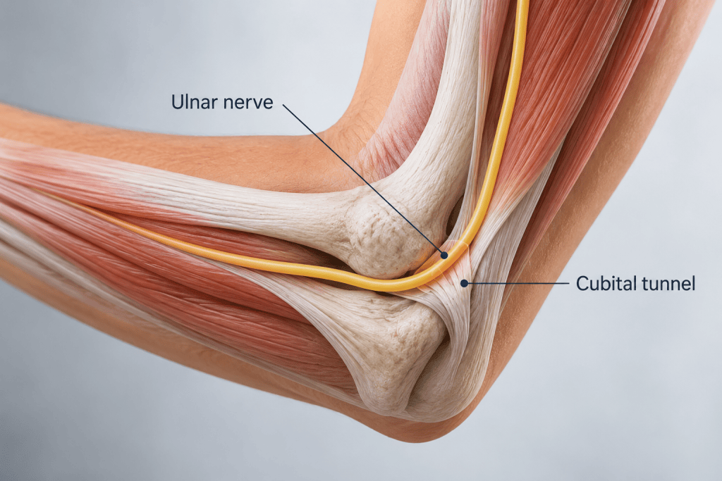 ulnar nerve passing through the cubital tunnel at the elbow